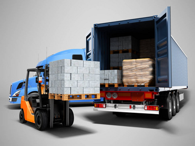 現代貨物裝卸技術 卡車、拖車、建筑材料與橙色叉車的3D實踐